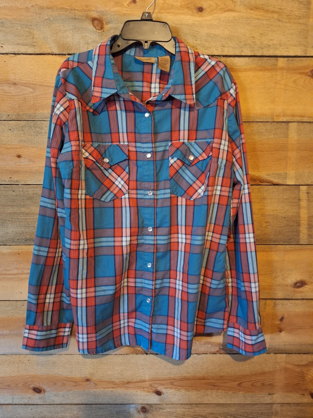 Wrangler Blue and Red Plaid Western Pearl Snap Shirt